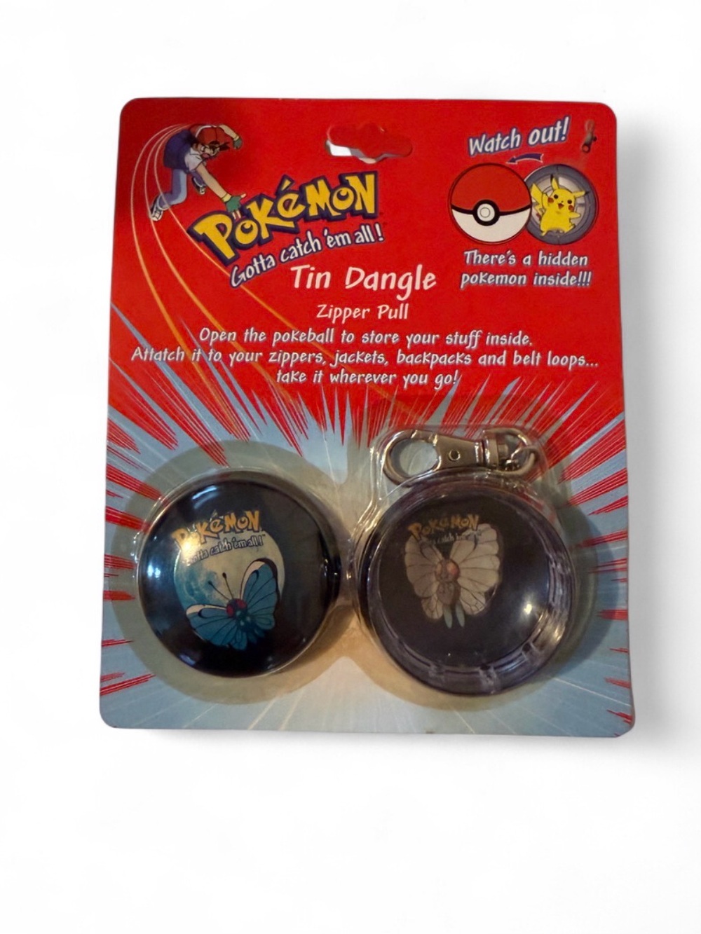 Vintage Butterfree Pokemon Tin Dangle Metal Keychain 1999, ORIGINAL PACKAGING.
.